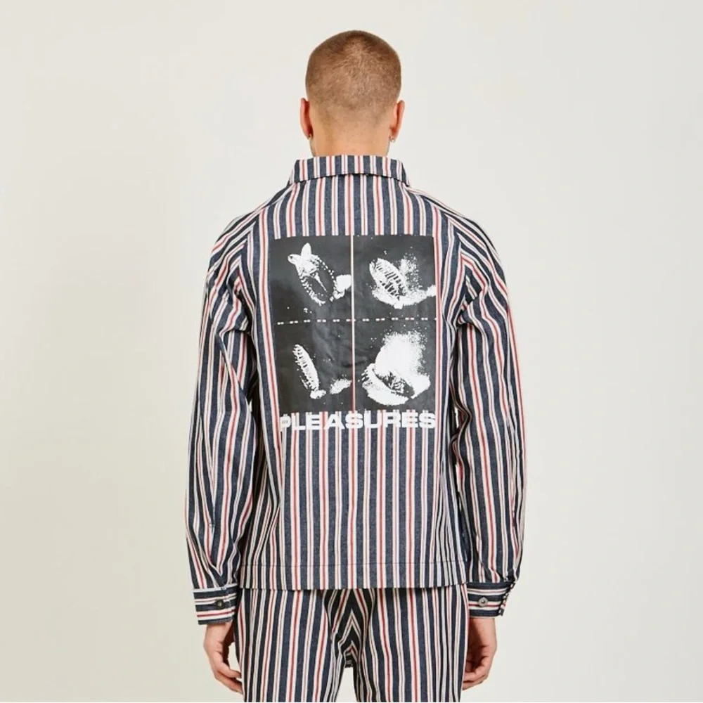 PLEASURES striped chore jacket over shirt shacket denim red printed graphic - Picture 4 of 11